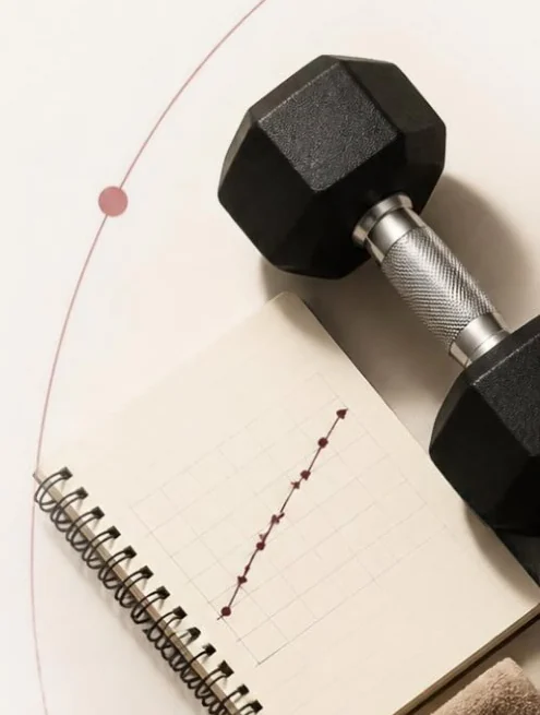 Halter, caderno com gráfico de evolução e garrafa sobre a bancada de treino